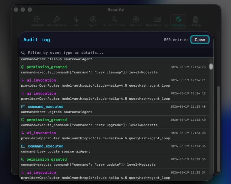 Pyromancer cryptographic audit log with HMAC-SHA256 signed entries