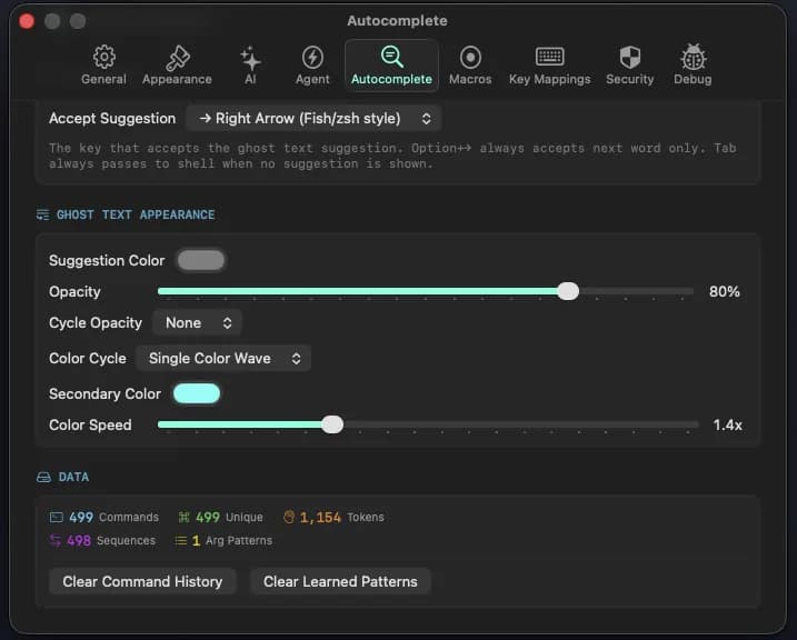 Pyromancer autocomplete settings showing learned patterns and visual configuration