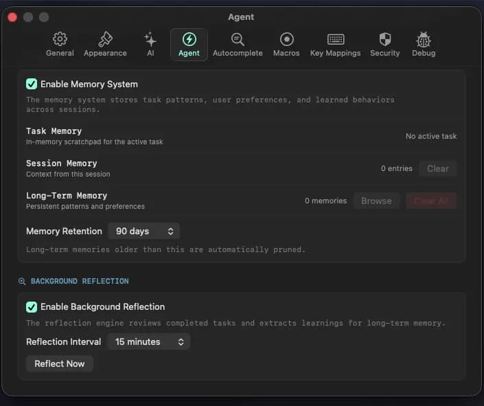 Pyromancer 3-tier memory system settings with task, baseline, and long-term memory