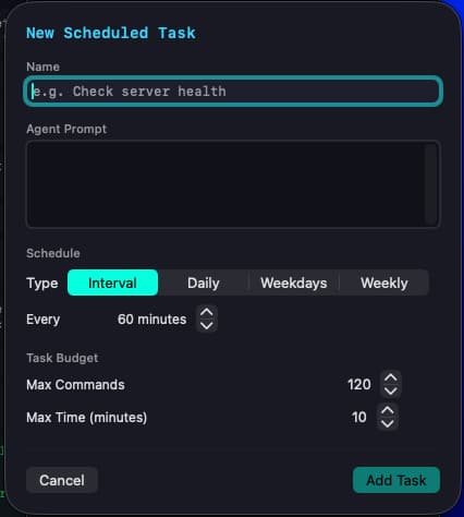 Pyromancer new scheduled task dialog