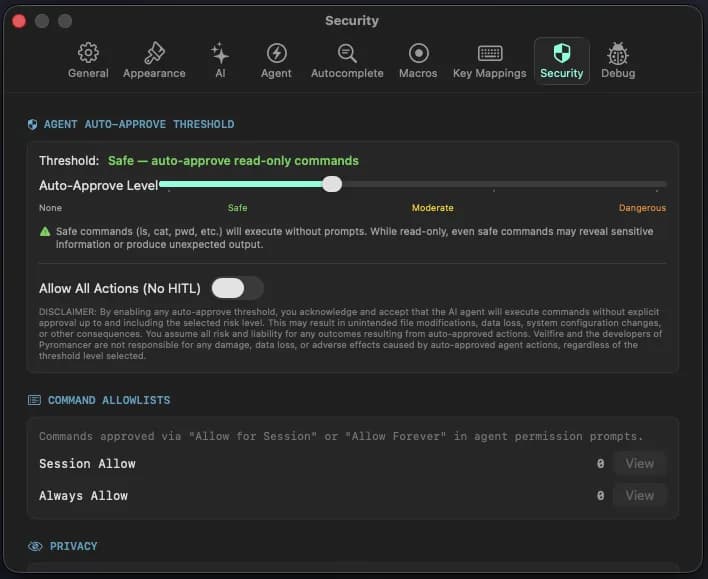 Pyromancer agent auto-approve thresholds and human-in-the-loop gating settings