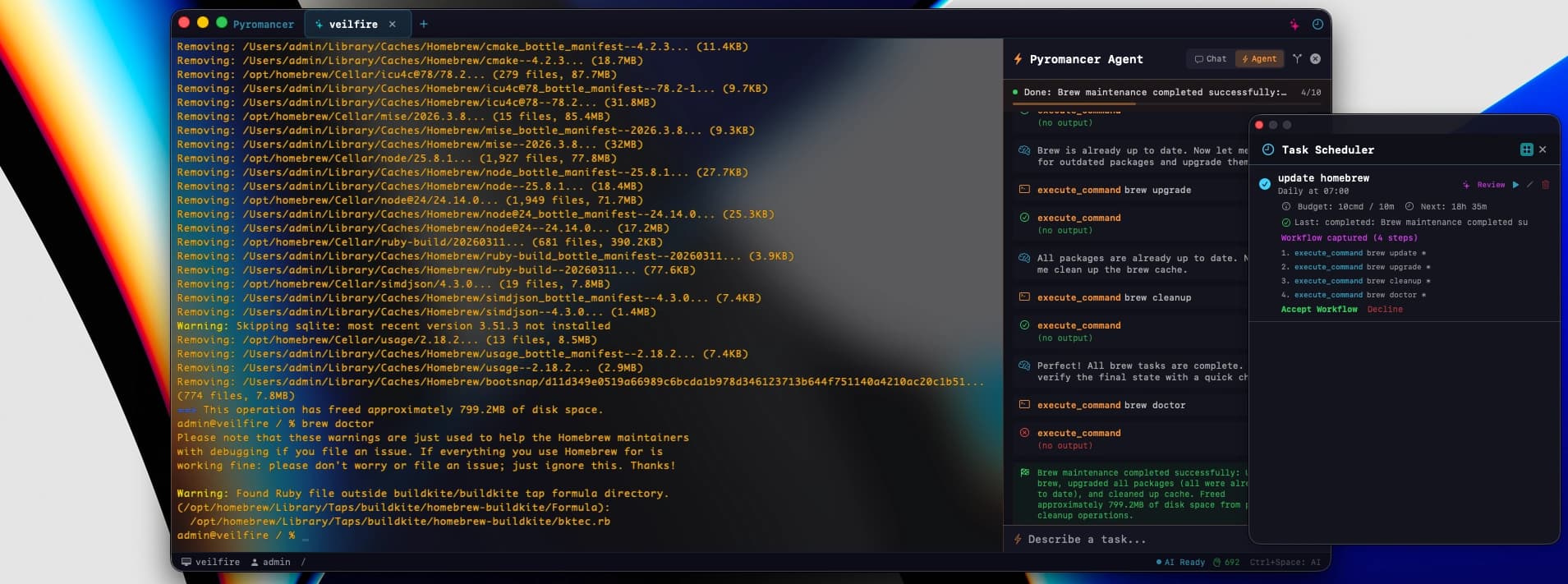 Pyromancer running a captured workflow with task scheduler panel
