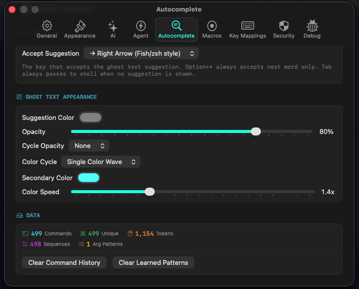 Pyromancer autocomplete settings showing learned patterns and visual configuration