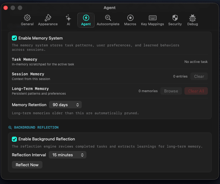Pyromancer 3-tier memory system settings with task, baseline, and long-term memory