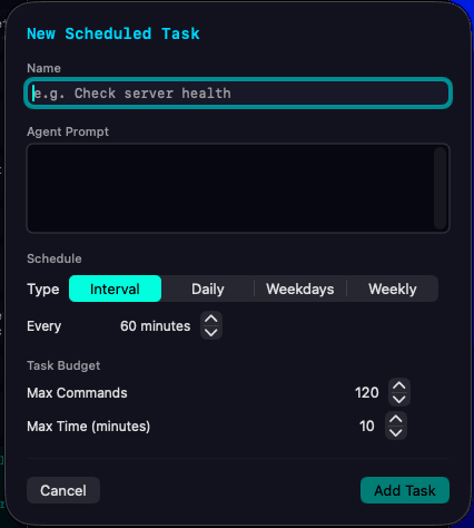 Pyromancer new scheduled task dialog