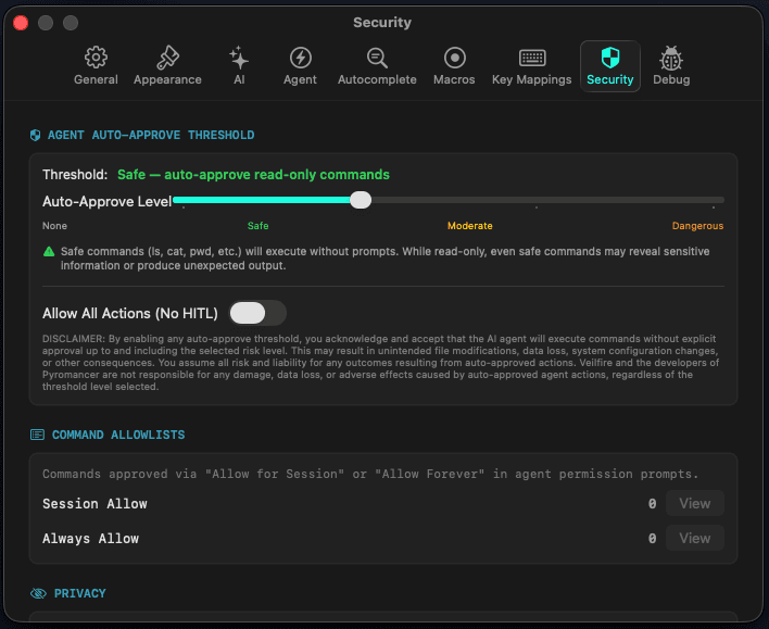 Pyromancer agent auto-approve thresholds and human-in-the-loop gating settings