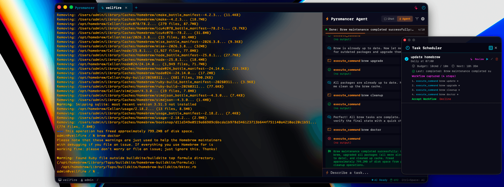 Pyromancer running a captured workflow with task scheduler panel
